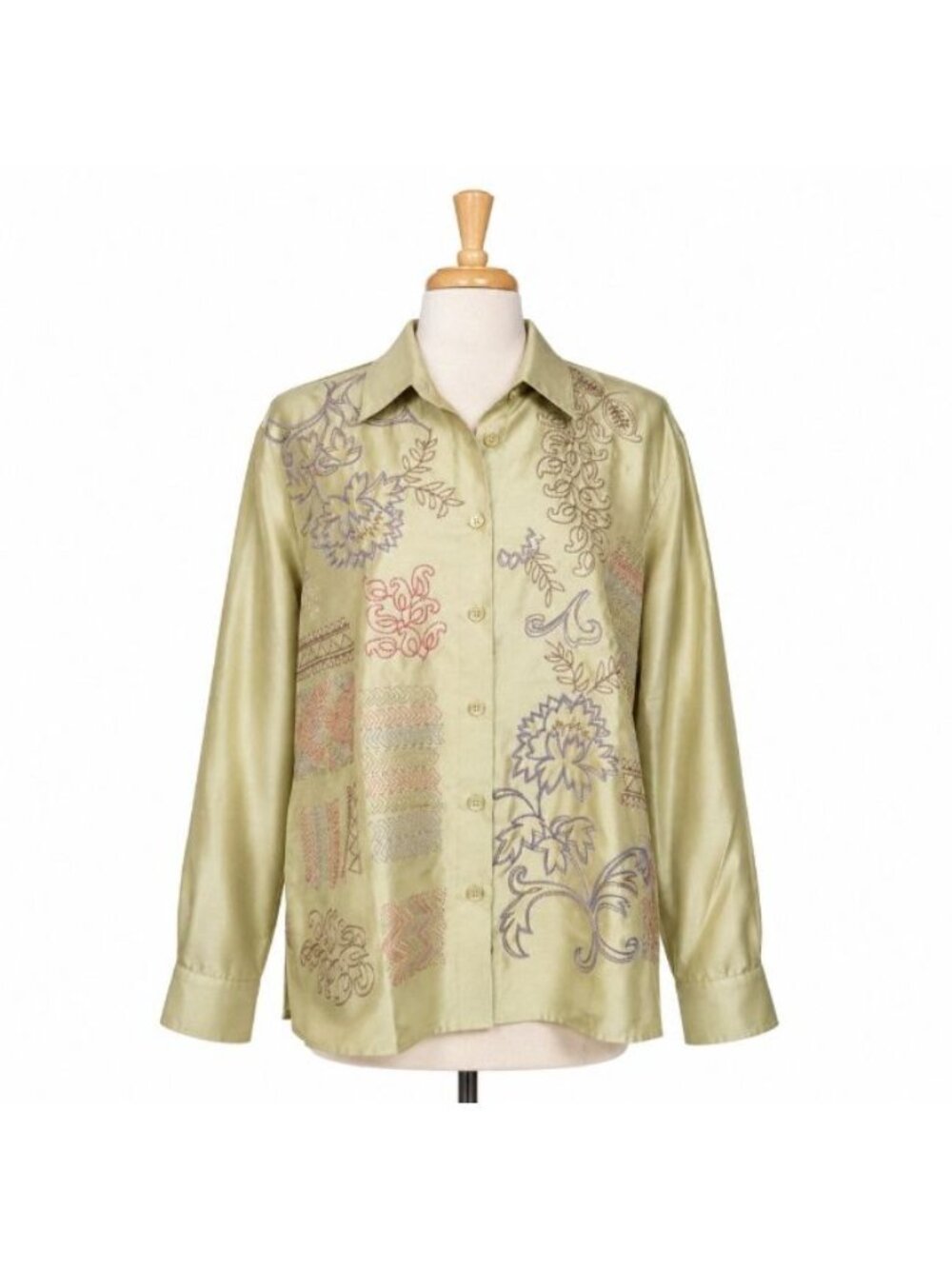 Maggie Sweet Women’s Petite Large Sage Green Embroidered Satin Button Shirt